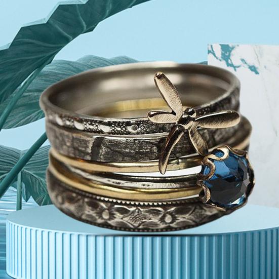 Кольцо на палец в винтажном стиле, многослойное антидеформирующееся синее обручальное кольцо со стрекозой из искусственного кристалла для свиданий