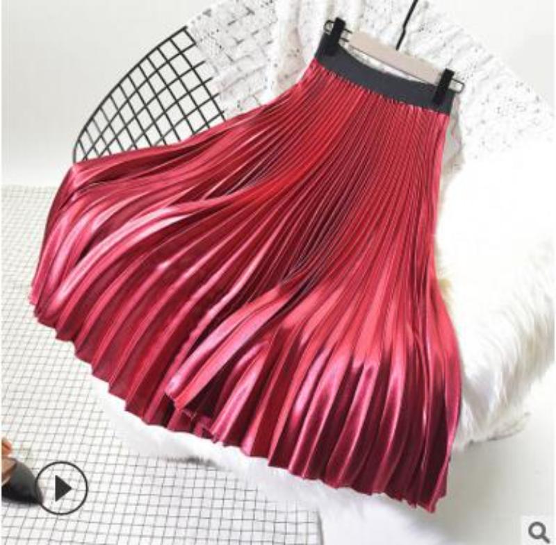 Women 11 Colors Satin Pleated Midi Skirt Elegant Elastic Waist Solid Color A-line Skirt