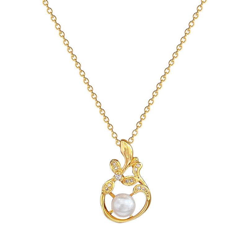 Pearl Leaf Plant Luxury Temperament Full Zirconium Necklace Women'S Fashion Trend Collarbone Chain Factory