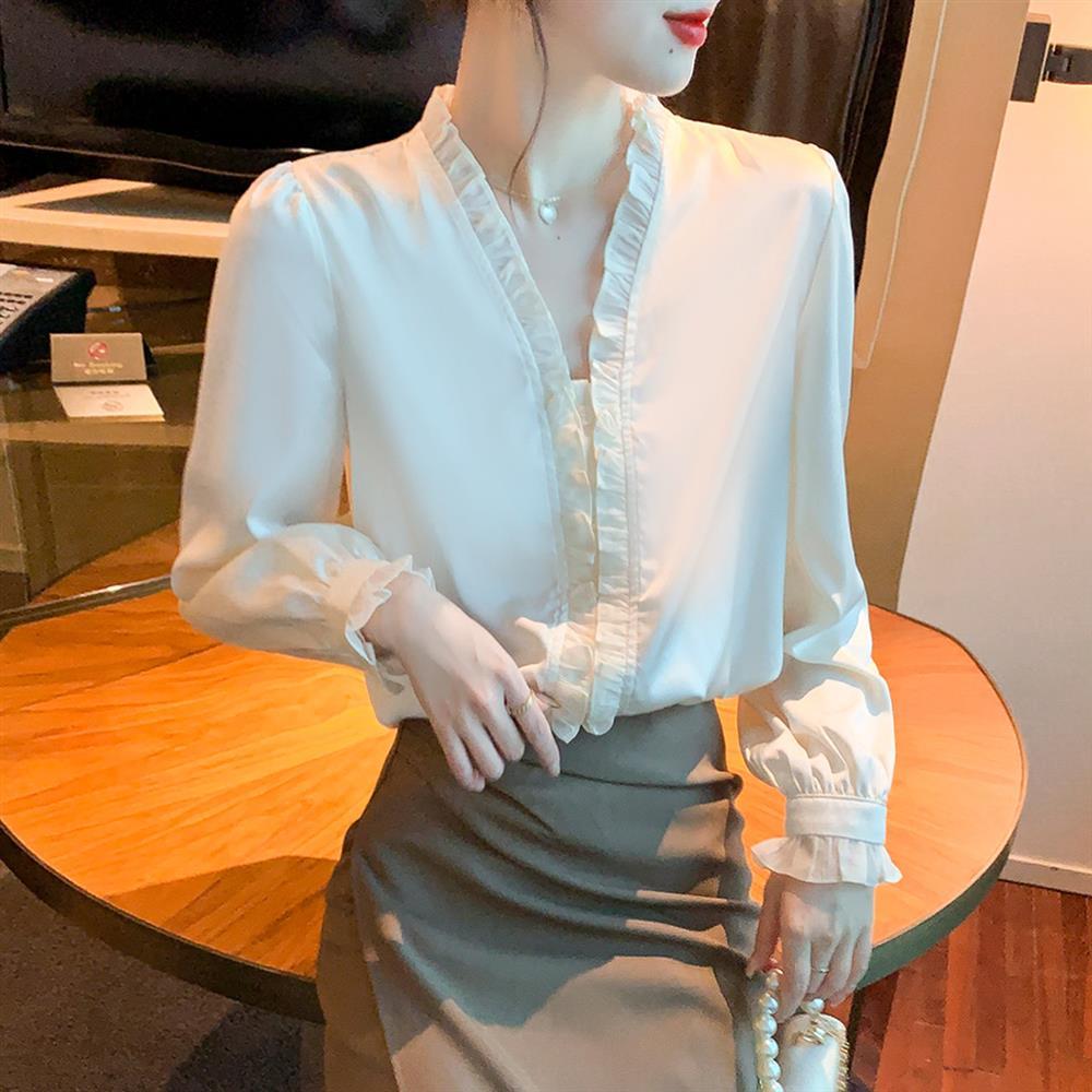 Женская шифоновая рубашка для ранней весны Женская одежда Базовая рубашка с длинным рукавом Маленькая рубашка