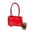 Autumn and Winter Rich Red Heart-shaped Pendant Baguette Square Bag Oil Wax Glossy Texture Niche Design Single Shoulder Bag