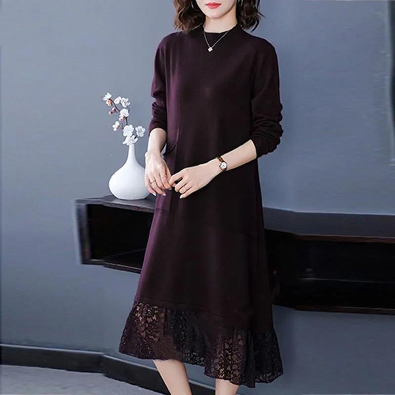 Платье женское осенне-зимнее кружевное удобное эластичное платье-свитер средней длины трикотажные платья с длинными рукавами