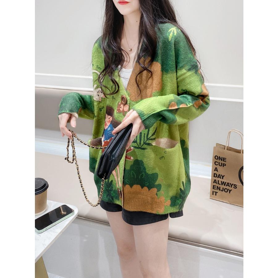 DIMANAF Новинка 2023 года, осенние свитера больших размеров, кардиган большого размера, женские свитера с цветочным принтом и мультяшным принтом, вязаный свободный свитер