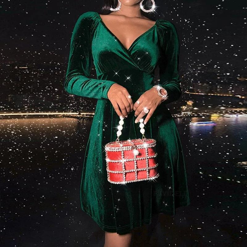 Женское бархатное платье на весну и осень, черное, красное, зеленое, с длинным рукавом и v-образным вырезом, тонкие мини-платья трапециевидной формы