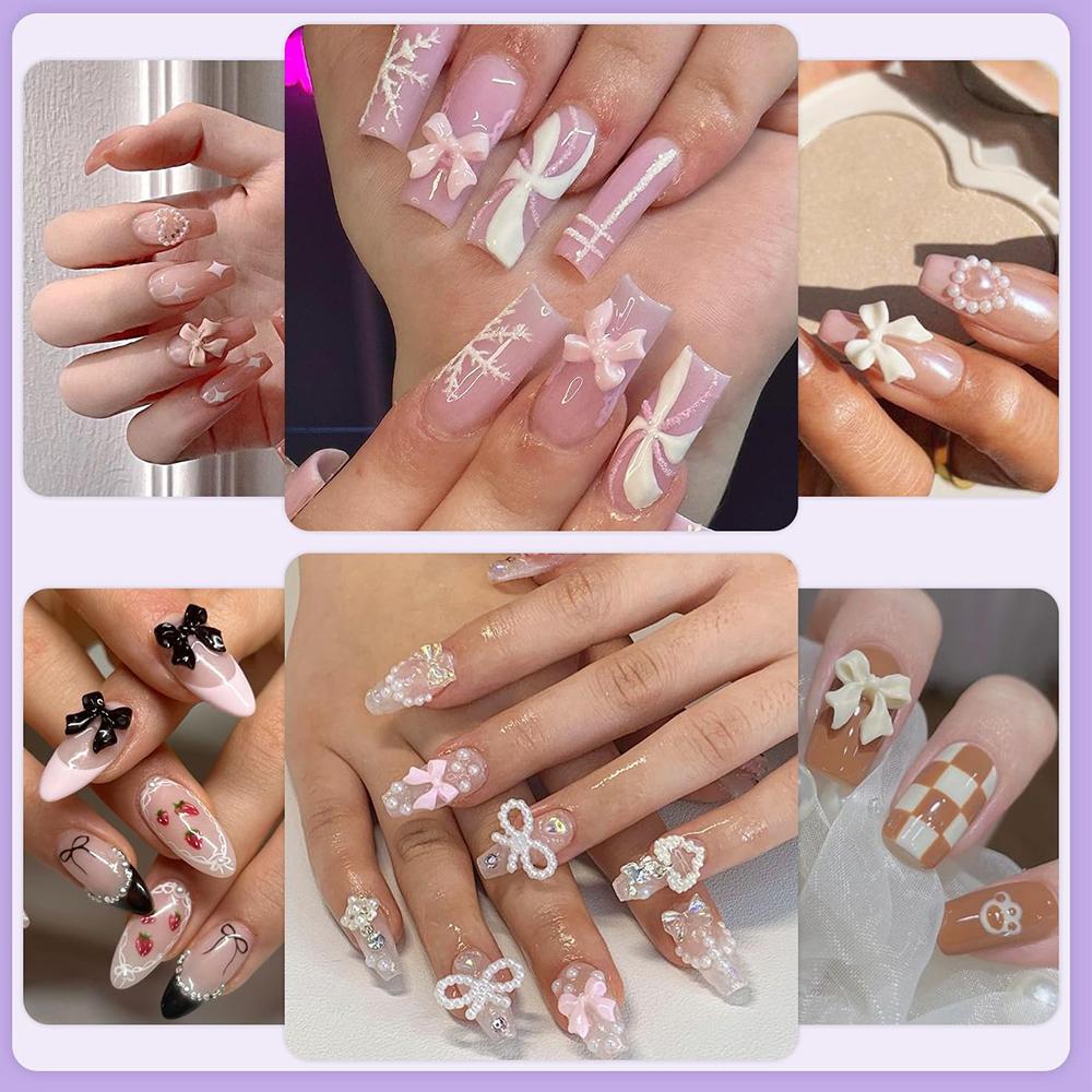 6 Colors Cute Bow Charms and White Flatback Pearls For DIY Nail Decoration