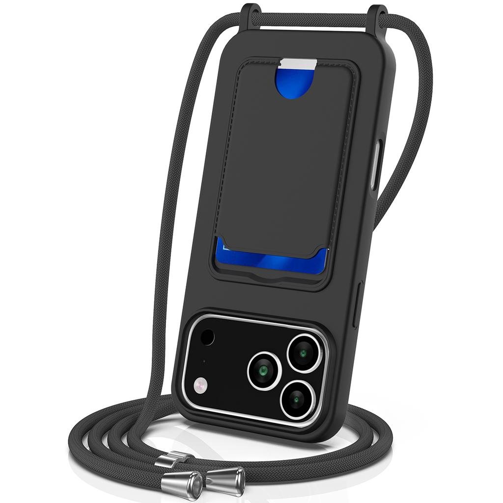 Чехол для iPhone 17 Pro Max, Жидкий силикон, Держатель для карт, Задняя крышка для телефона со шнурком
