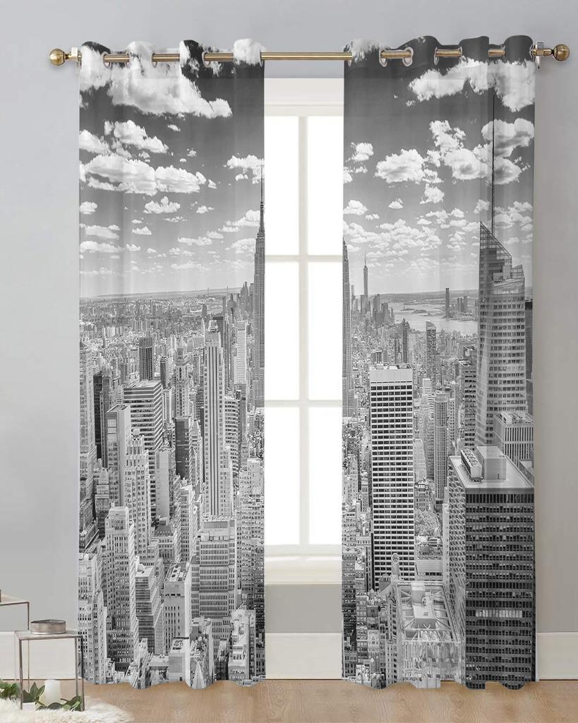 Grey New York City Landscape Sheer Curtains for Living Room Decoration Window Curtains for Kitchen Tulle Voile Organza Curtains