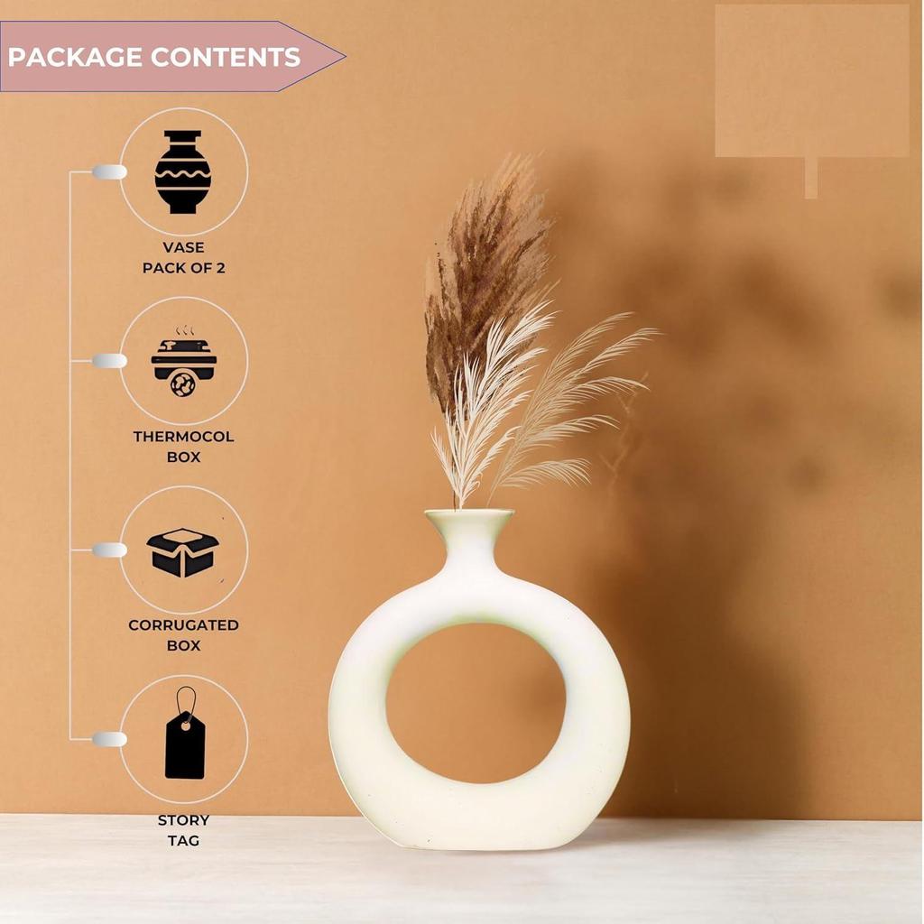 Ceramic 'White Slim Donut Vase' 6 Inch - Set of 2 | Decorative Round Vase for Dried Flowers and Pampas Grass | Vases for Home Decor