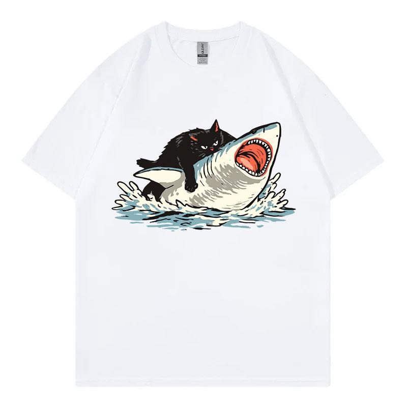 Funny Cat Riding Shark Graphic T Shirts High Street Fashion Trend Short Sleeve Tshirts Unisex Unisex Casual Loose Cotton Tshirt