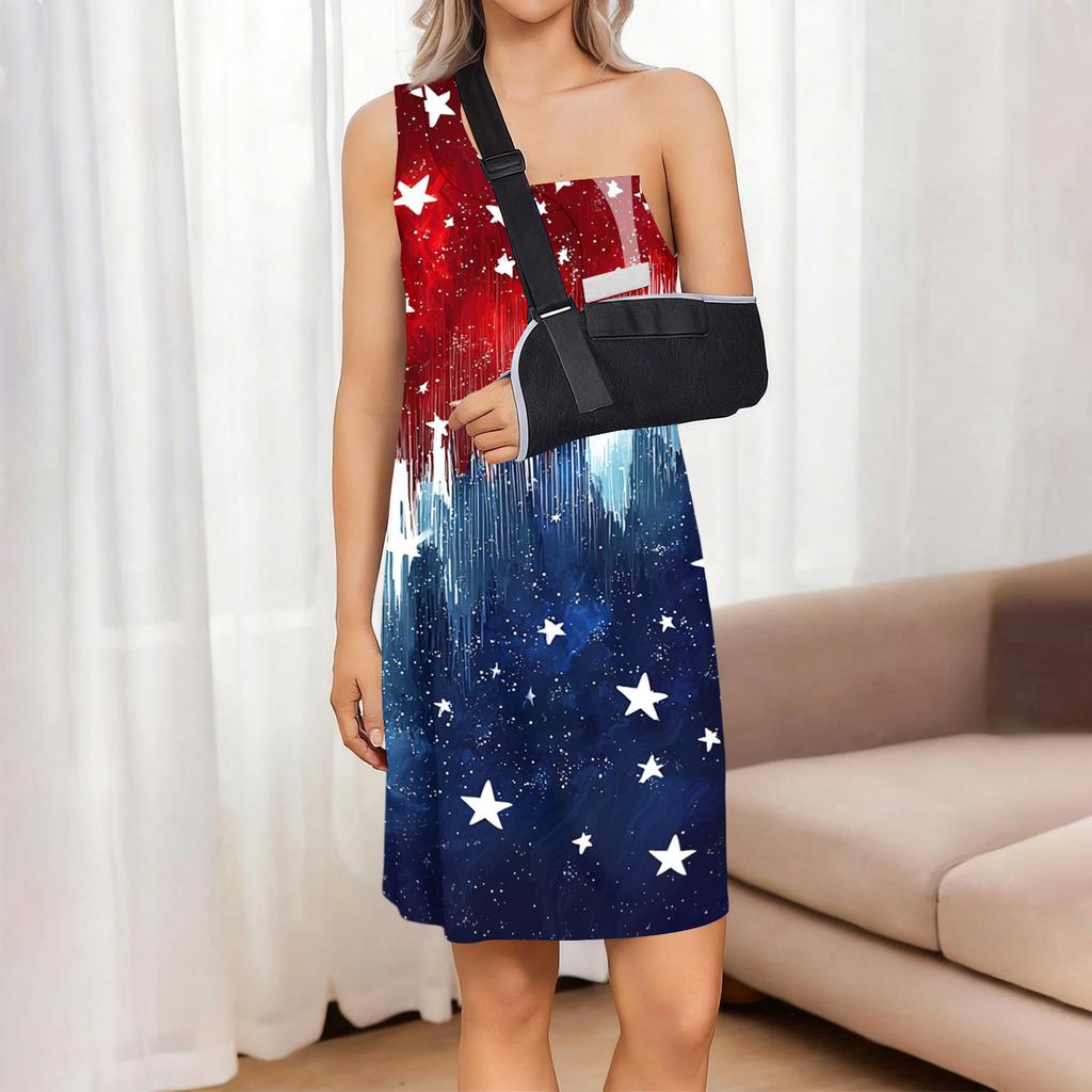 Sleeveless Tear Away Dress for Women Post Shoulder Surgery Independence Day Star Print Adjustable Fit Lightweight Summer Dress