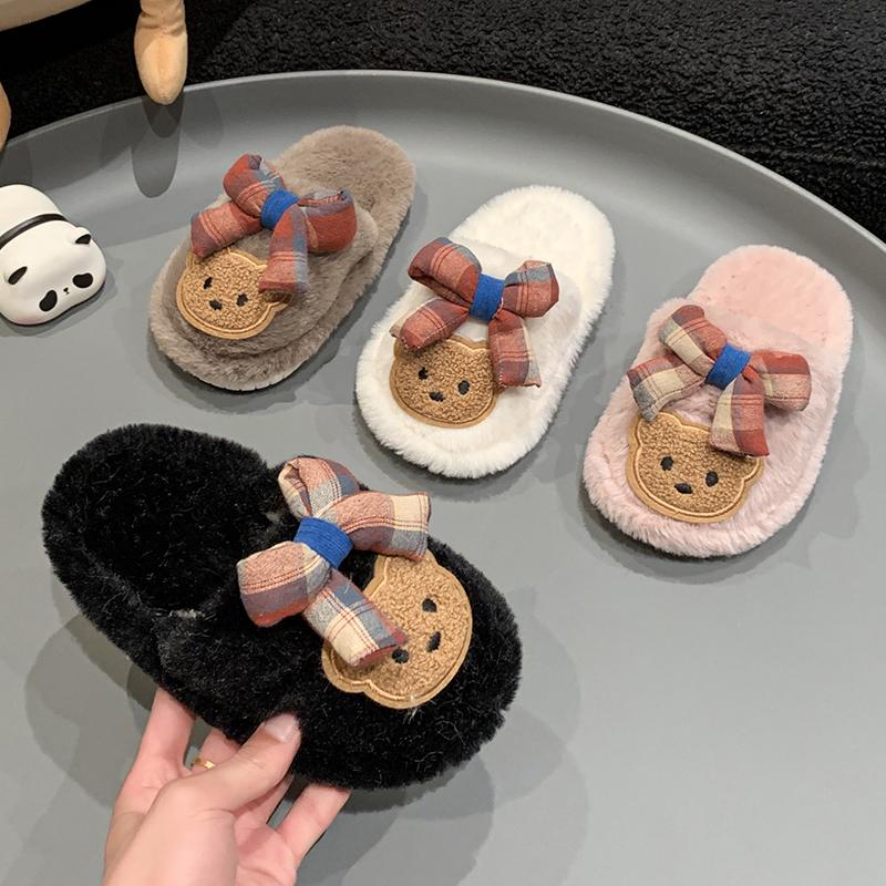 Шикарные детские тапочки для девочек с милым медвежонком и бантом, детская зимняя обувь, мягкая подошва, пушистая, модные, милые, хлопковые тапочки для малышей