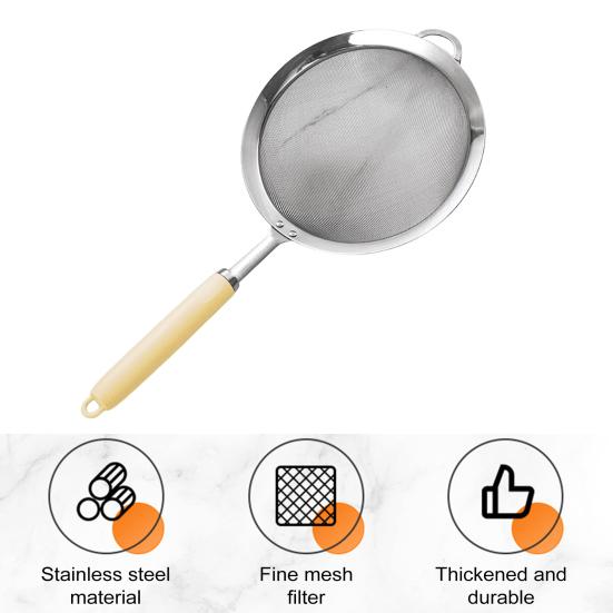 Сетчатый фильтр из нержавеющей стали 304, эргономичная ручка, мелкоячеистый фильтр, ложка, проволочный просеиватель для муки, металлический дуршлаг, скиммер, кухонные принадлежности