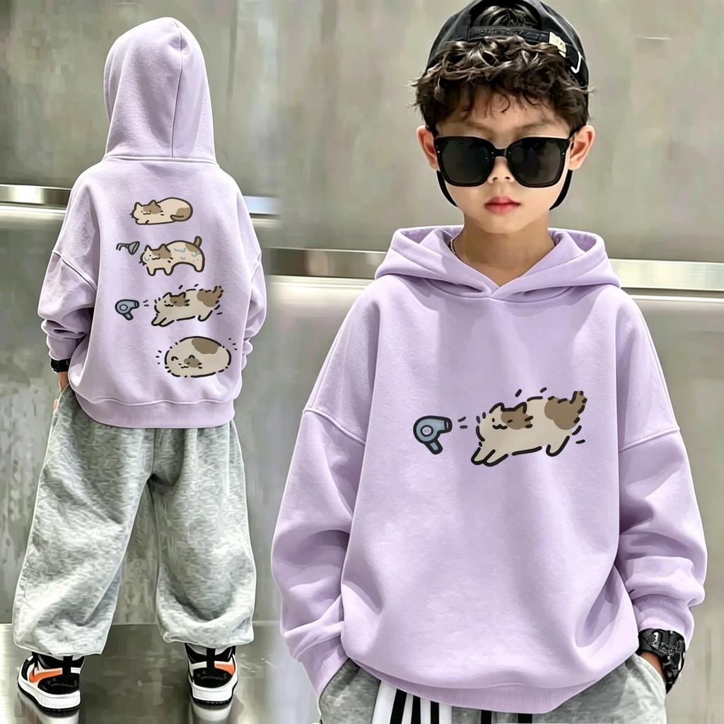 The Latest Y2K Cute Cartoon Cat Double-sided Pattern Hooded Sweatshirt, A Loose and Casual Children's Hooded Sports Shirt