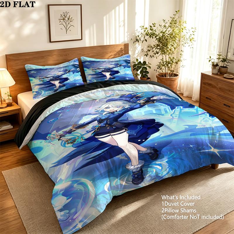 Genshin Pattern Bedding Quilt Set Quilt Cover Pillowcase Home Birthday Gift(1 * duvet cover + 2 * pillowcase, without core)