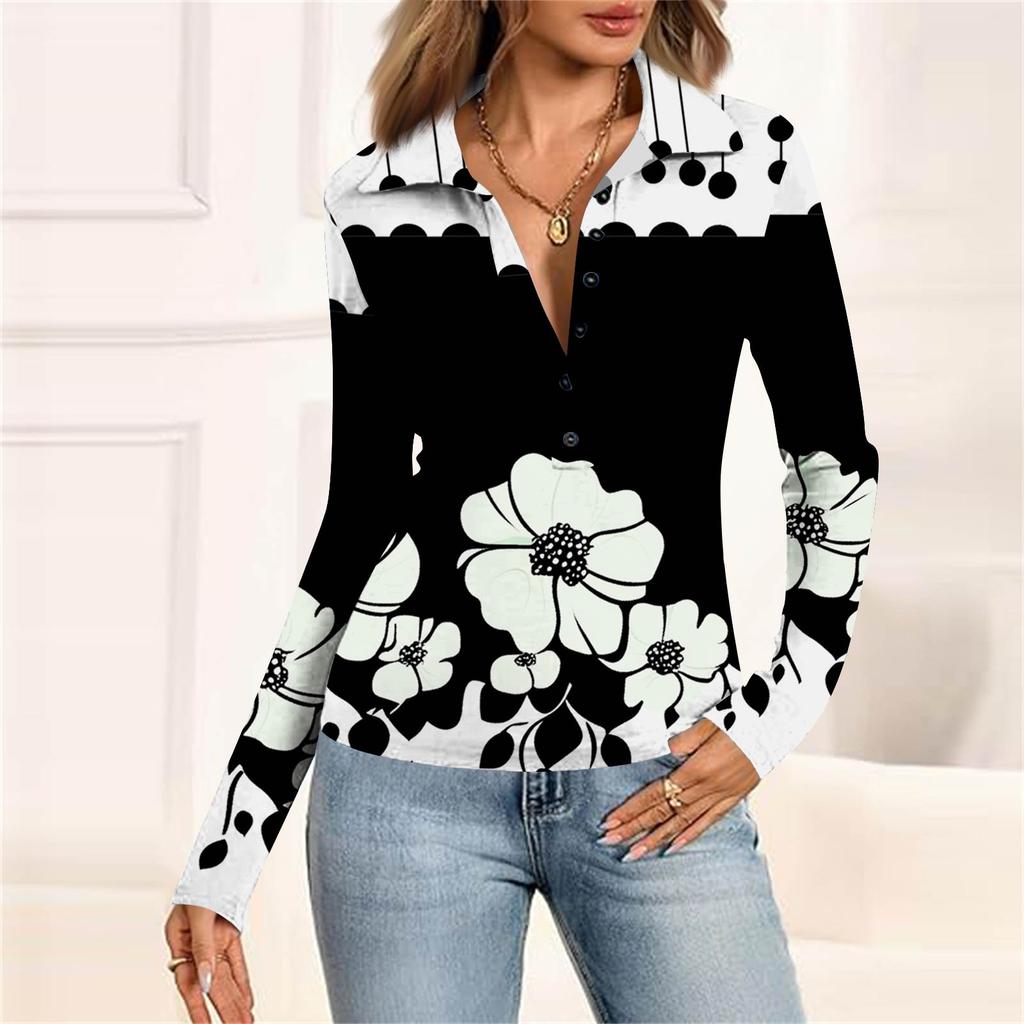 Женская мода Повседневный принт V-образный вырез Длинный рукав Застегивающаяся на пуговицы блузка