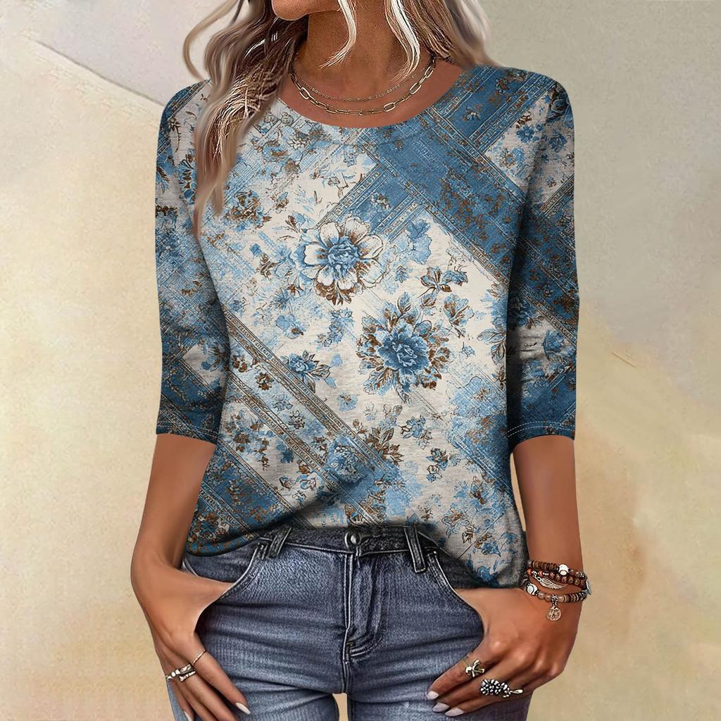 Модный винтажный топ с рукавом три четверти для женщин, женская повседневная блузка-футболка с круглым вырезом и принтом