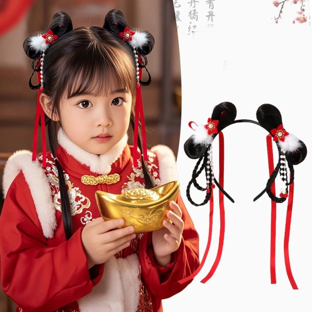 Tassel Children Wig Headband Flower New Year Hair Accessories Hanfu Headwear  Year of the Horse