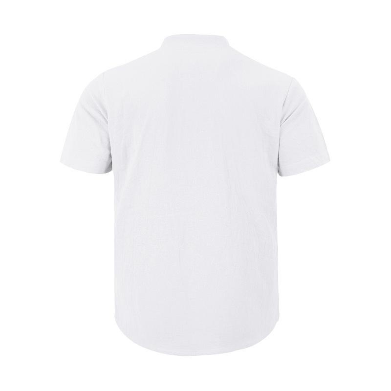 Летняя европейская и американская мужская повседневная свободная рубашка, повседневная рубашка на пуговицах с воротником-стойкой, льняная, с короткими рукавами