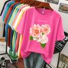 Футболки женские кавайные из хлопка с принтом «Три свежих цветка цветут» Футболки с круглым вырезом Мягкие свободные женские футболки с коротким рукавом