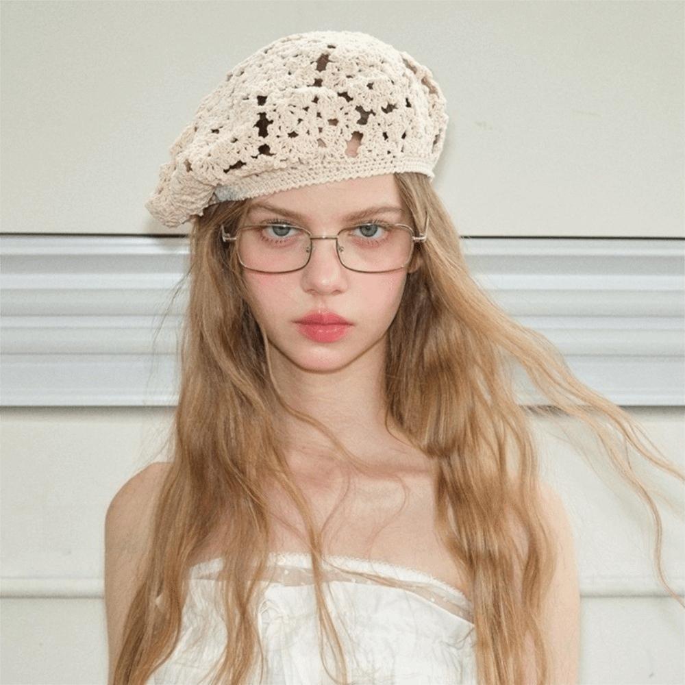 Japanese Style Flower Hat Thin Crochet Knitted Cap Painter Hat Hollowed Out Beret Women