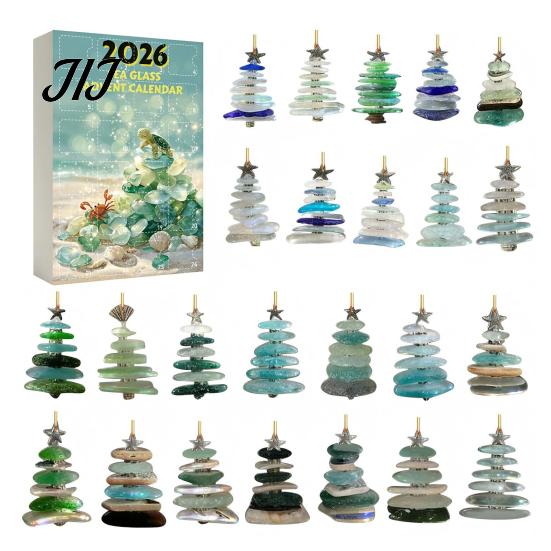 Festive Home Hanging Decorations 2026 Sea Glass Style Christmas Countdown Calendar Blind Box, 24Pcs Unique Tree Pendants Acrylic Ornaments,