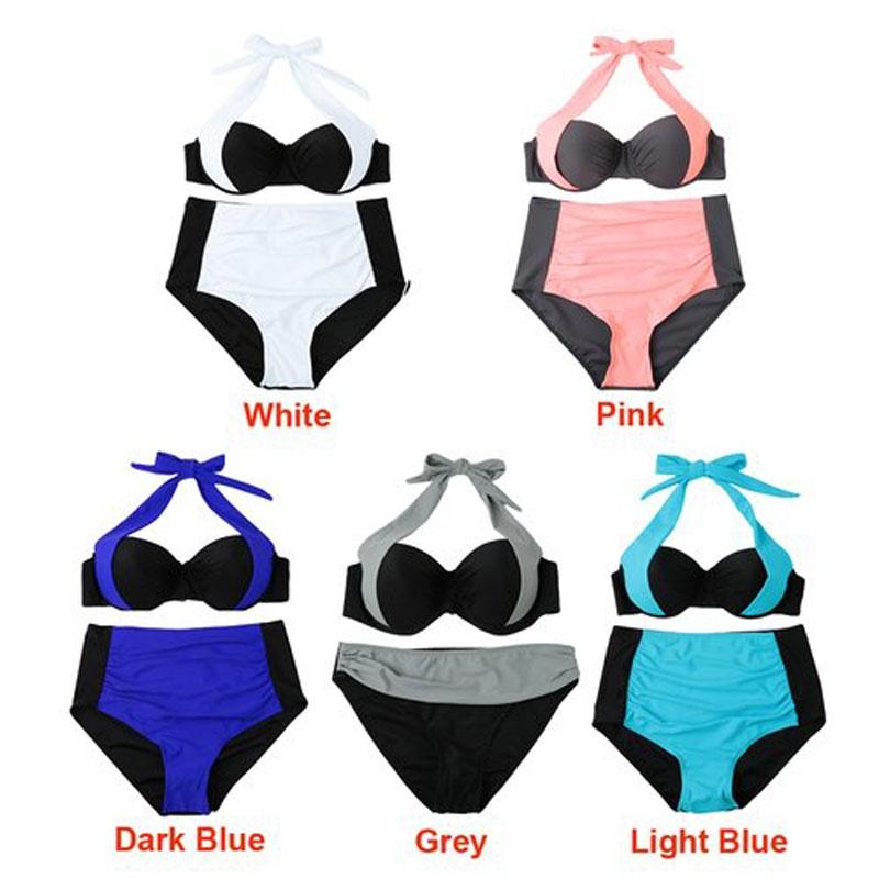 Set Women Bikini Contrast Block Halter Top High Waist Bottom Swimwear Beach