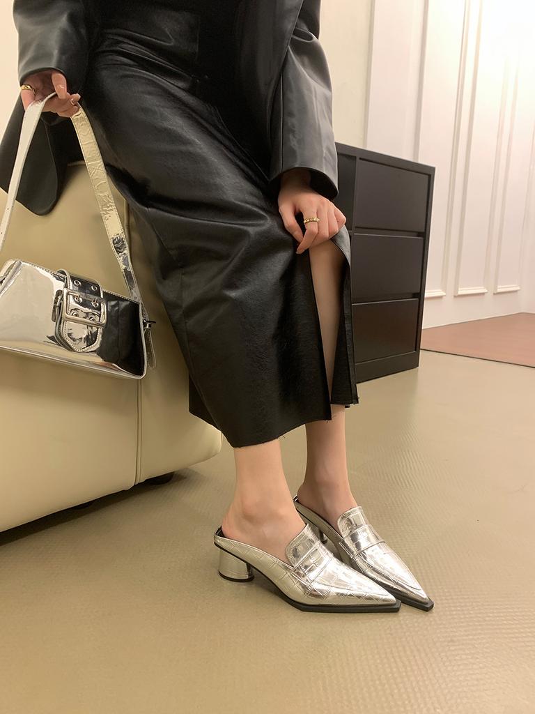 Мода Модные женские тапочки с острым носком Туфли на высоком каблуке Черные Коричневые Серебряные Летние туфли на открытом воздухе Туфли-мюли Женские 35-39