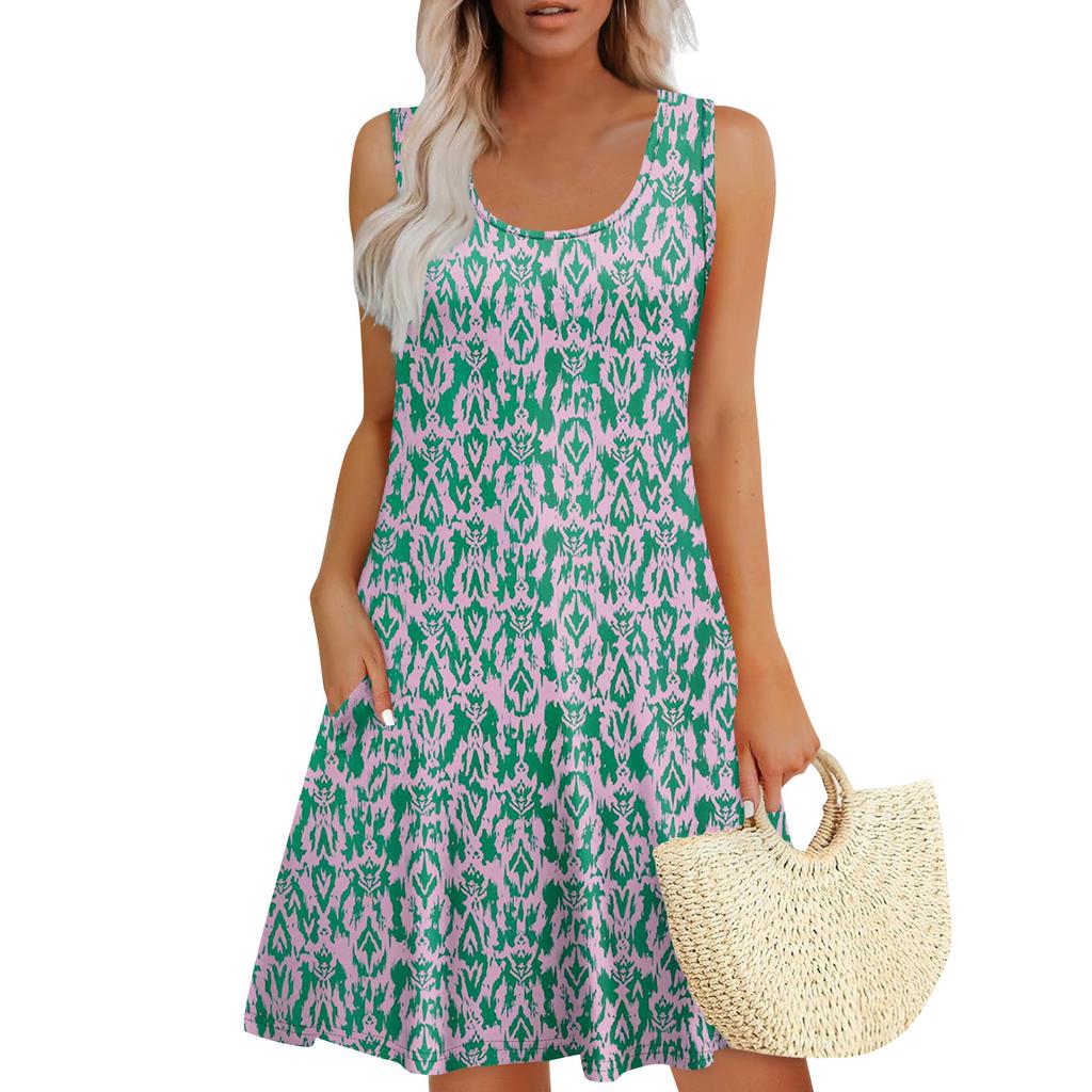 Women's Summer Casual U-shaped Tie Pocket Popular Floral Print Dress