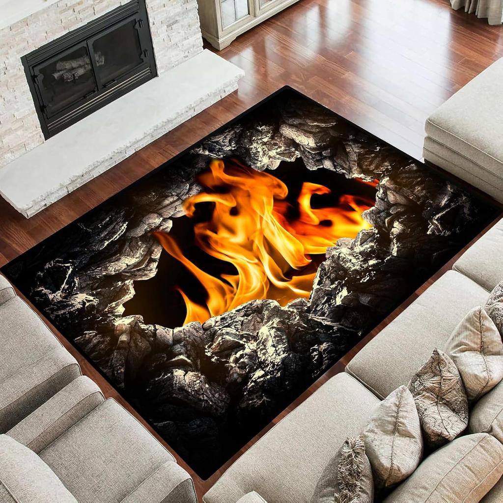3D Lava Illusion Rug Burning Magma Area Rug Visual Trap Floor Mat Creative Non-Slip Carpet for Living Room Bedroom Home Decor