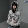 Womens Vintage American Flag Print Zip Up Hoodie Loose Fit Streetwear Sweatshirt