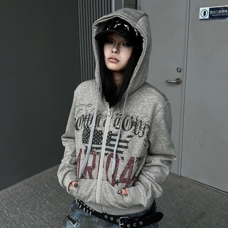 Womens Vintage American Flag Print Zip Up Hoodie Loose Fit Streetwear Sweatshirt