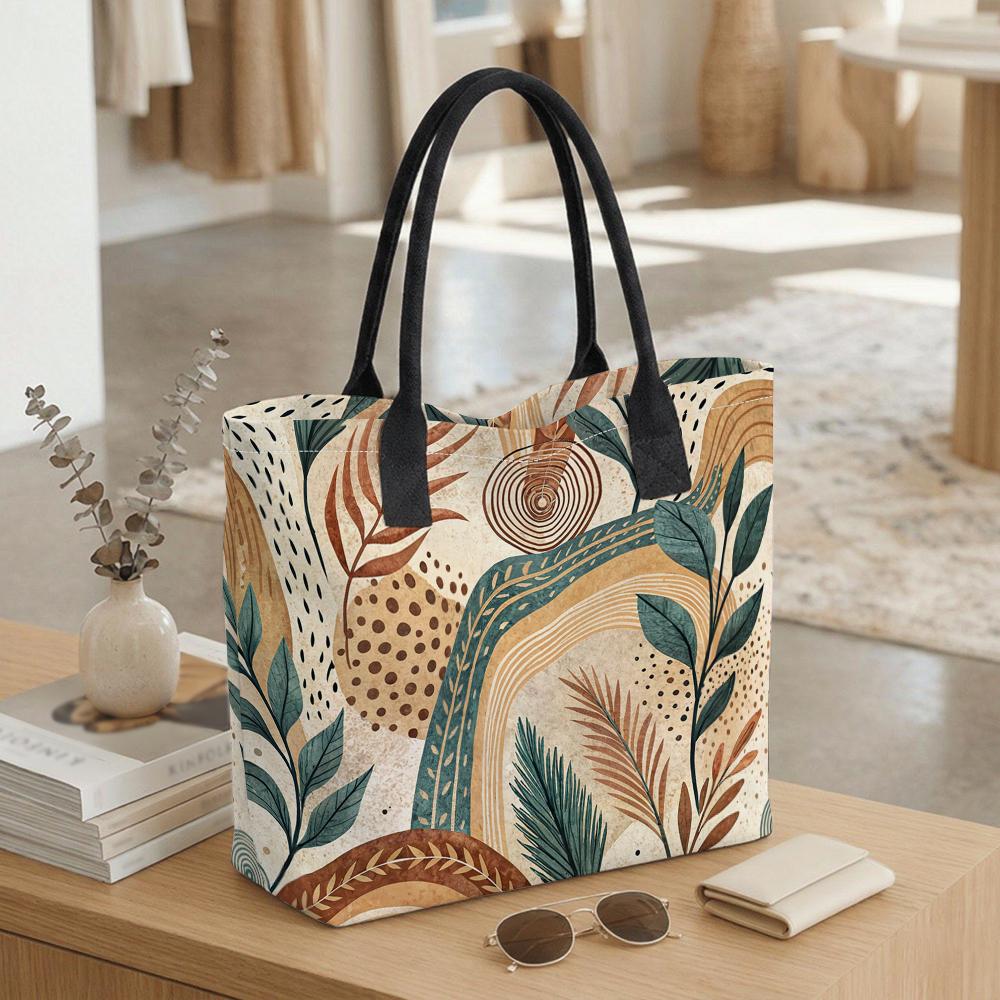 Bohemian Botanical Print Tote Bag Large Capacity Casual Outdoor Shopping Shoulder Handbag