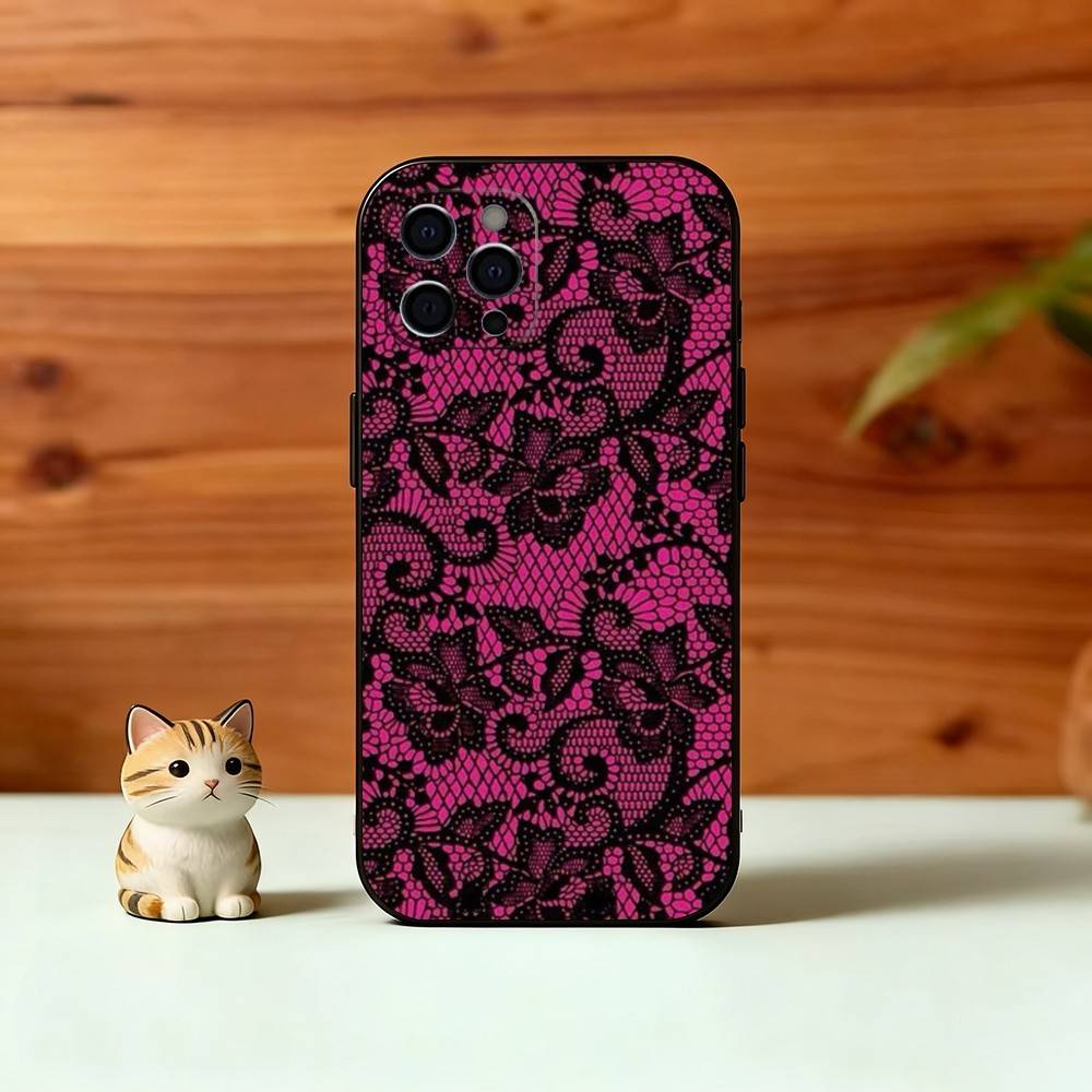 Черный чехол с кружевным принтом для iPhone 17,16,15,14,13,12,11 Plus,Pro Max,XS,Мягкий силиконовый черный чехол