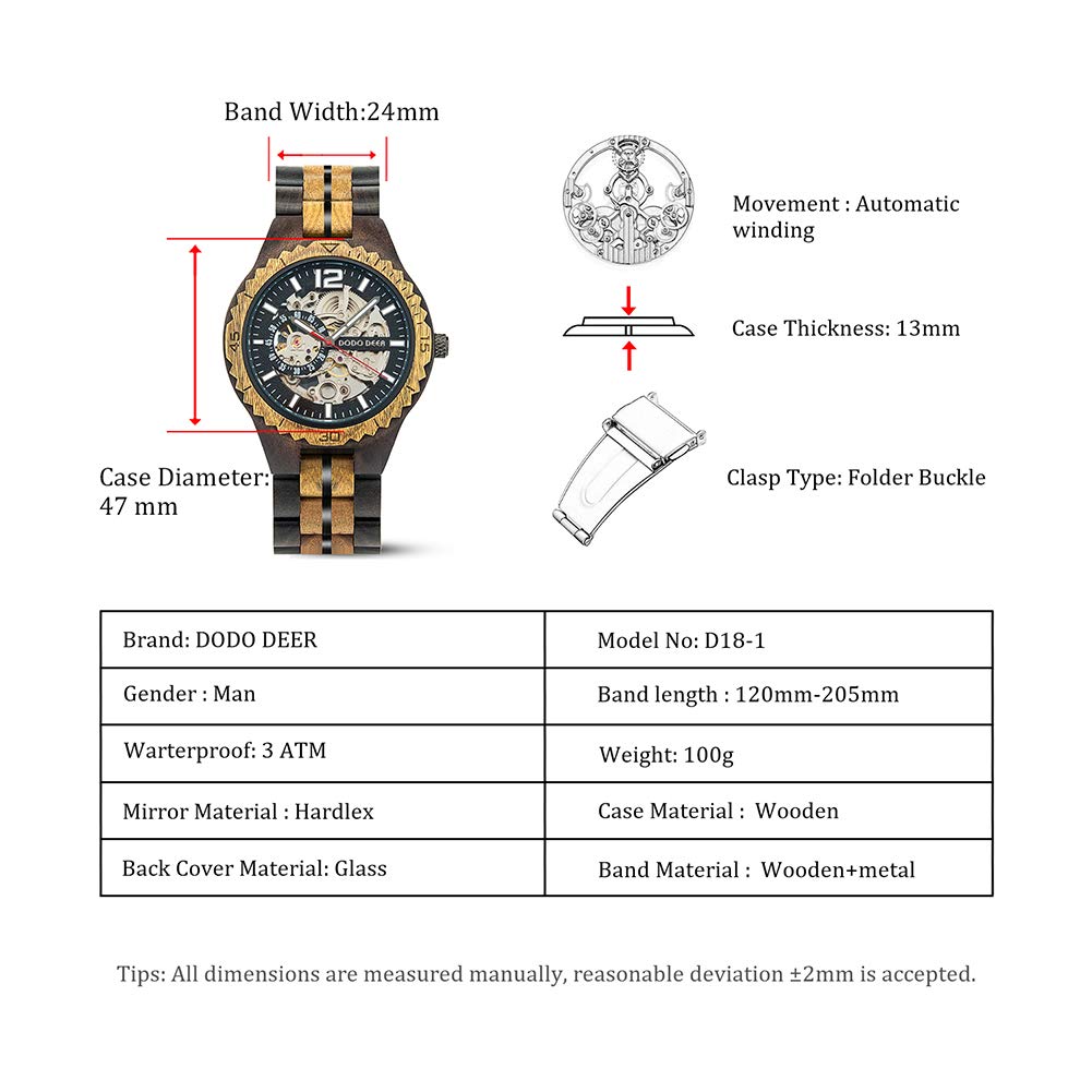 DODO DEER Деревянные часы Механические Автоматические Скелетон Светящиеся индексы Деревянная подарочная коробка Лучшие Автоматические Деревянные Часы Мужские Женские (Д18-1 (Мужской))