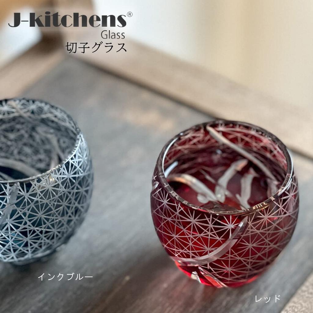 Mizukage Kiriko Glass Cup for Cold X Ranbori Komon by Current Model J-kitchens Egg-Shaped Sake, 5.5 5.9cm, 100cc, (Small Pattern) Red, Bisho,