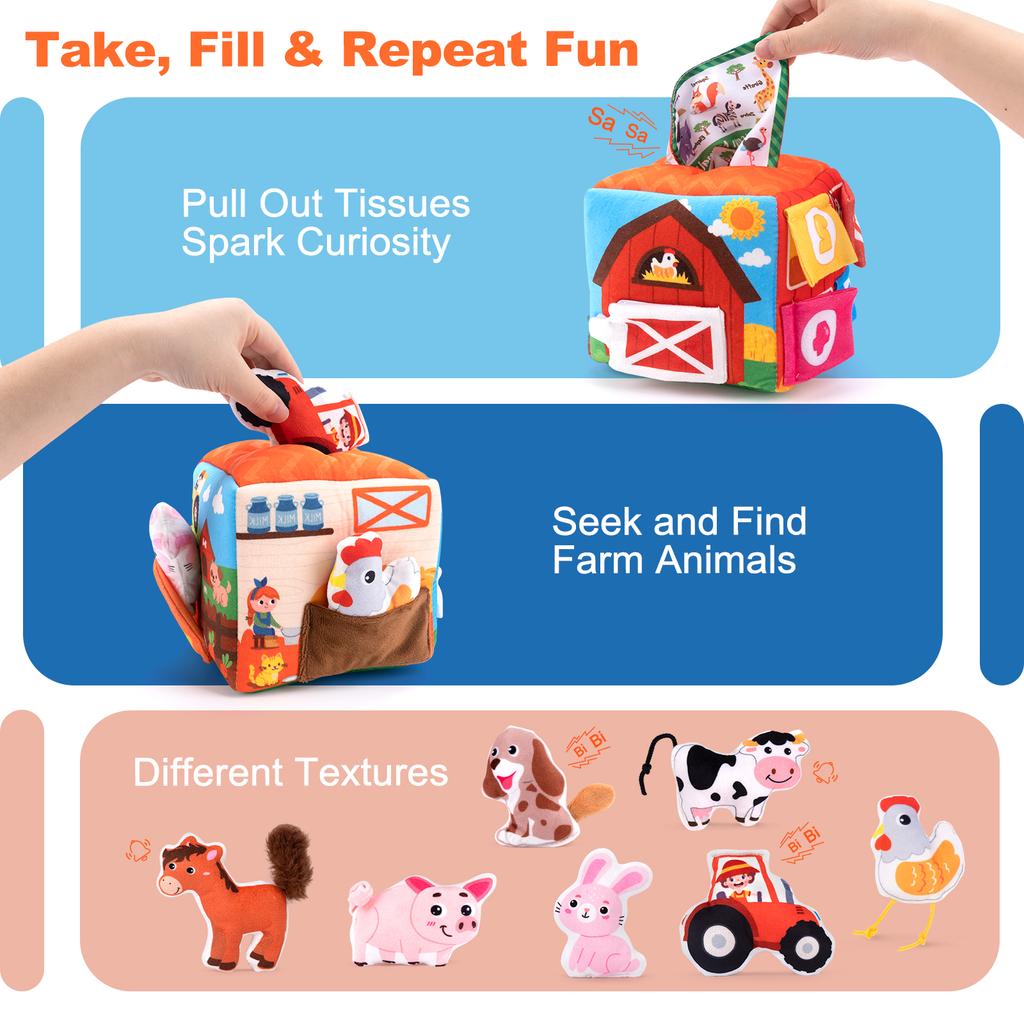 Baby Soft Plush Animal Tissues Box Simulated Farm Animals House Set with Sound Toddler Sensory Cognition Toys Montessori Toys