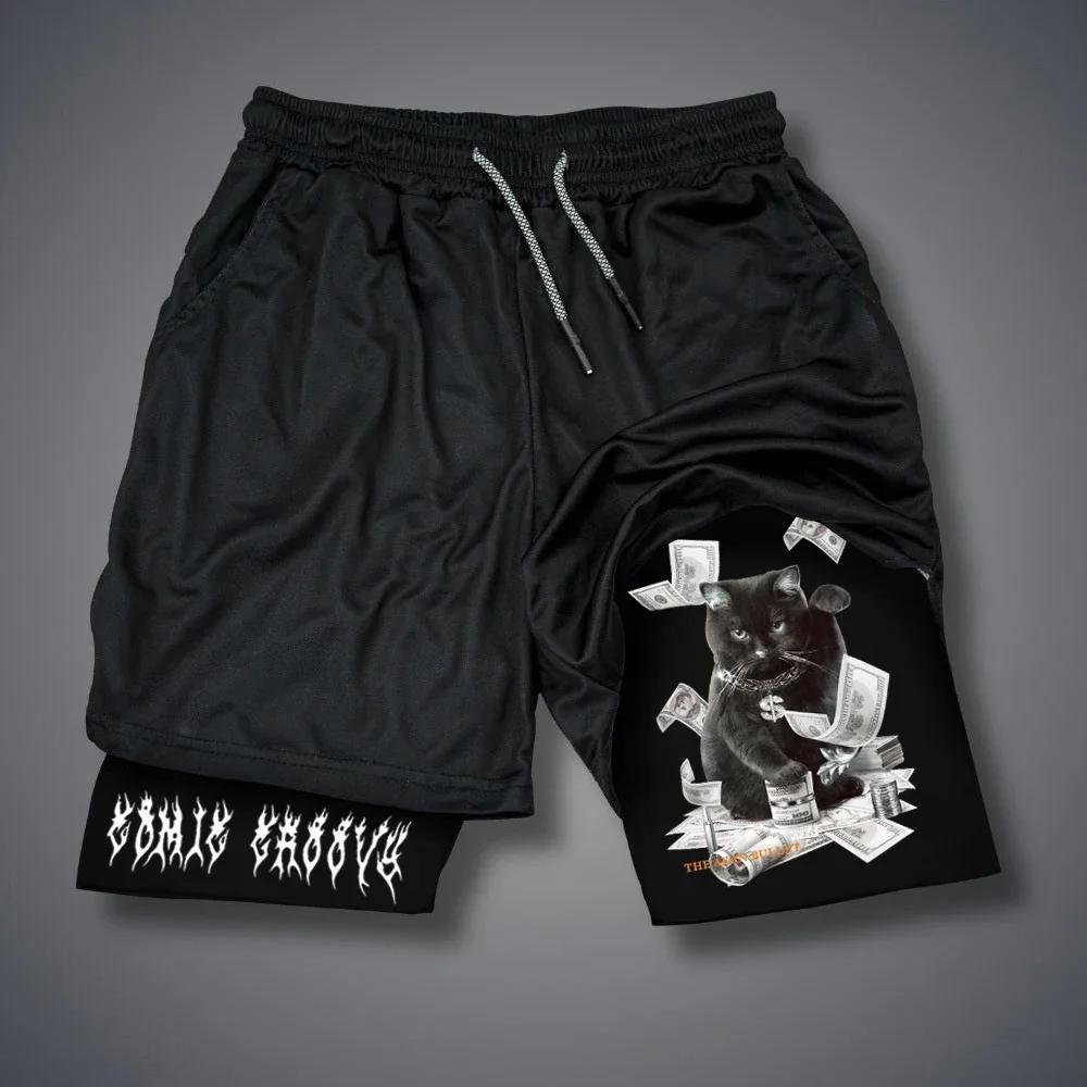 Men 2 In 1 Sports Shorts Gothic Pattern Short Pants Fitness Running Pant Sportswear Casual Shorts Summer Drawstring Jogging Pant