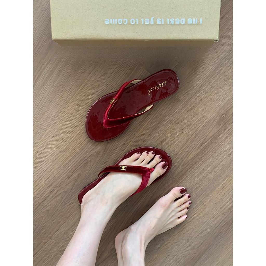 Red Flip-flops Women's Slippers Women's Summer Wear Fashion Toe Sandals French Small Fragrant Flat Beach Shoes