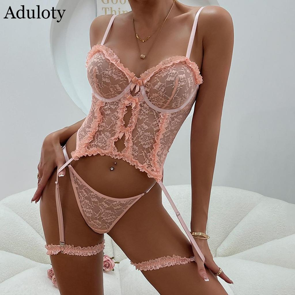 Aduloty Новое сексуальное нижнее белье, розовое кружевное плиссированное кружевное полое свежее и милое маленькое прозрачное платье на подтяжках