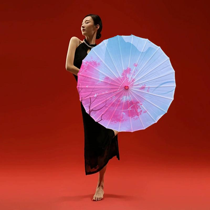 1PC Printed Photograph Props Long-handle Vintage Silk Umbrella for Hanfu Accessories Umbrella Parasol Colorful Oiled Paper