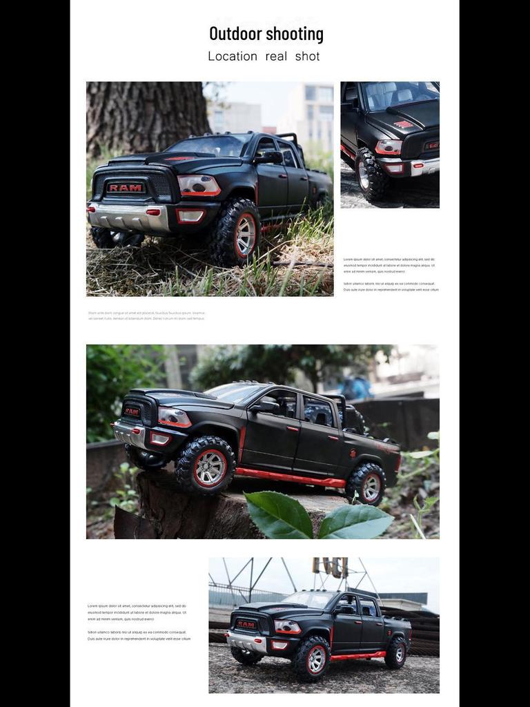 1:32 Модель пикапа Dodge Ram TRX — игрушечный автомобиль из сплава со звуком, светом и открывающейся назад дверью для детей