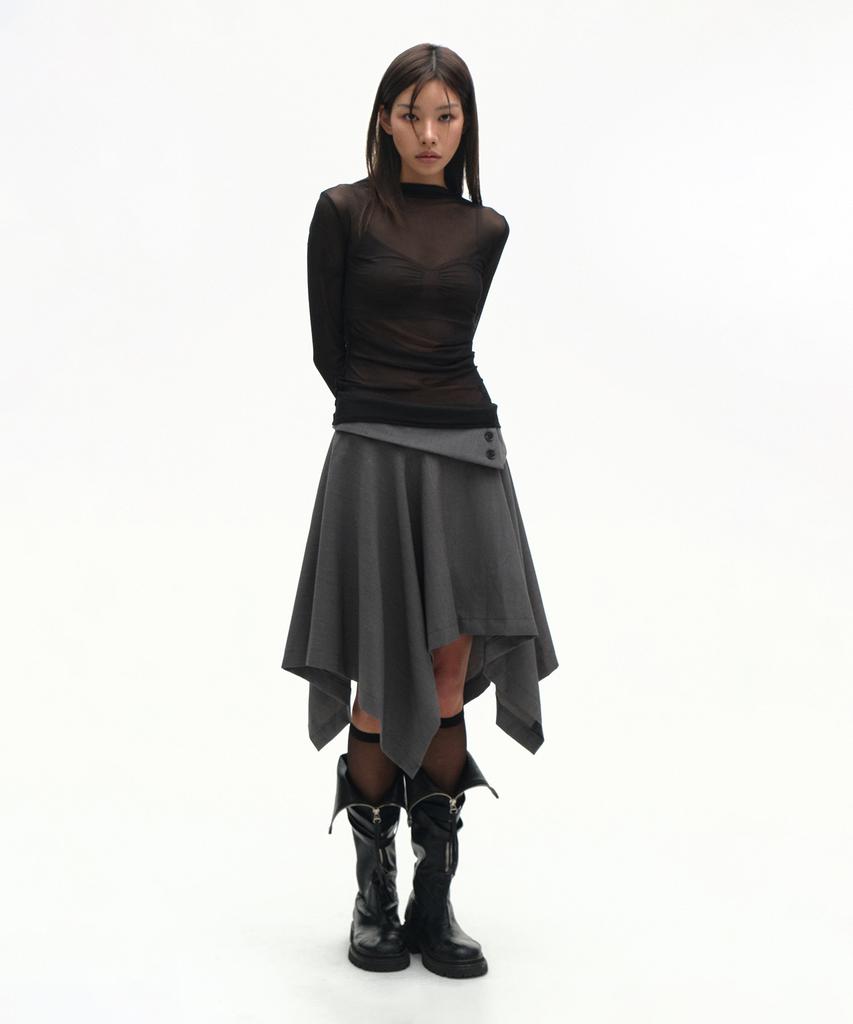 Place Studio Double Button Drape Layered Midi Asymmetrical Flare Skirt _2 Colors