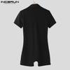 INCERUN Men Short Sleeve Mesh Sheer Patchwork Fitted Jumpsuits Romper Bodysuits Pajamas