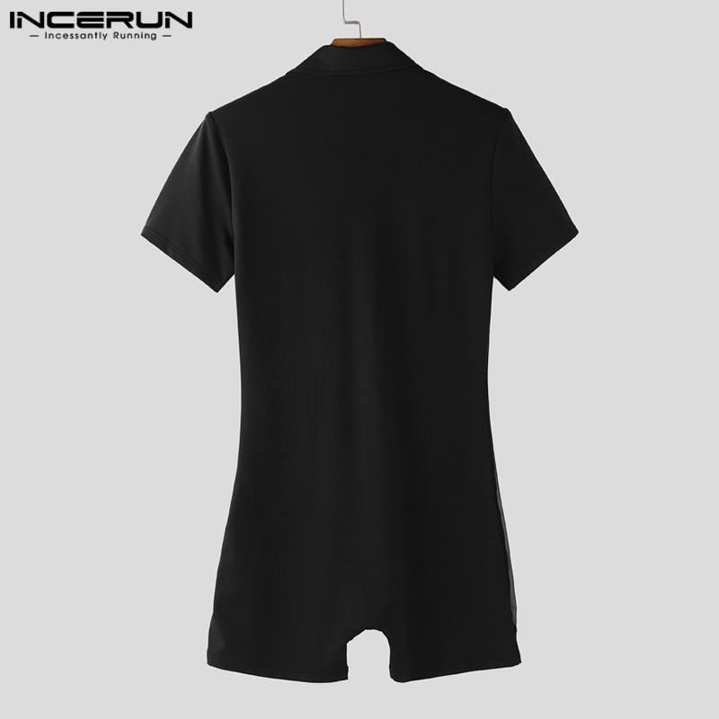 INCERUN Men Short Sleeve Mesh Sheer Patchwork Fitted Jumpsuits Romper Bodysuits Pajamas