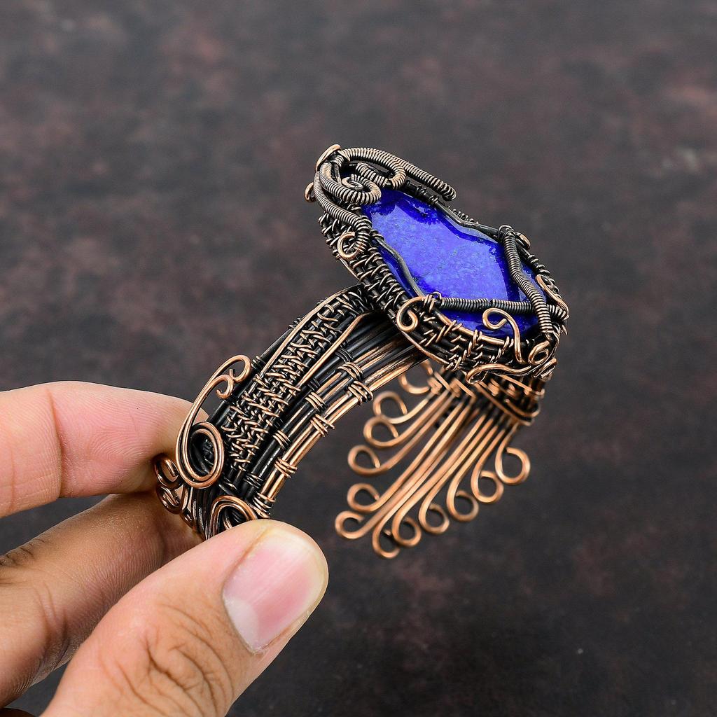 Браслет из лазурита, медная проволока, обернутая драгоценными камнями, регулируемый браслет-манжета, медные украшения, ручная работа, проволочная обертка, подарок для мамы