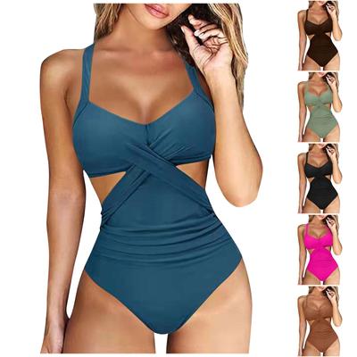 Женский цельный купальник с перекрестной многоцветной строчкой и открытой спиной