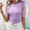 Элегантная сексуальная прозрачная блузка с короткими рукавами-фонариками, женские рубашки в полоску с круглым вырезом, тонкие топы 2023, модные летние женские блузки 26495