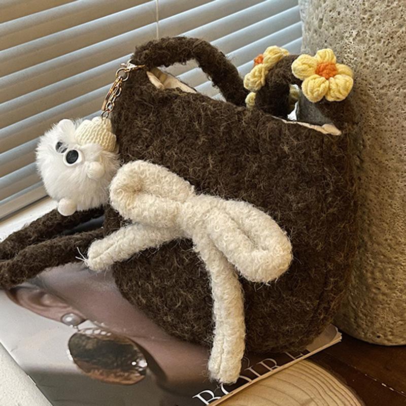 Macaron Plush Oval Cute 2025 Autumn New Bag Small Crossbody Shoulder Backpack Bow Mobile Phone Bag