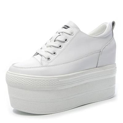 Мода Горячая распродажа 12 см Натуральная кожа Женские вулканизированные туфли Кожаная платформа Клиновидный каблук Высокий каблук Белые туфли Шнуровка Увеличение Повседневная обувь