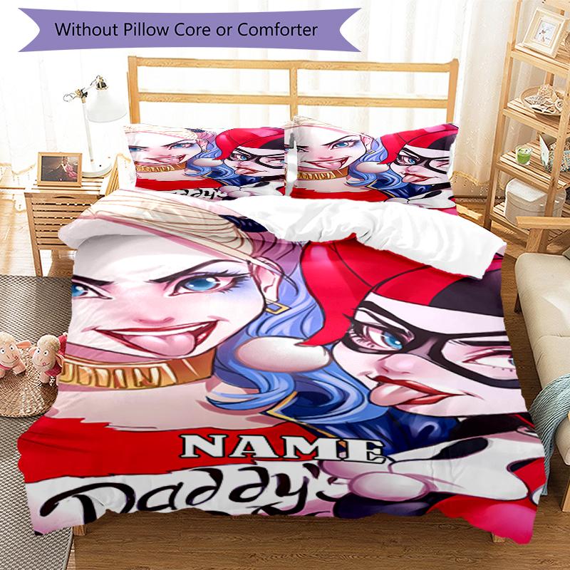 3pcs Custom Name Harley Quinn Bedding Set Duvet Cover Closure Includes 1 Duvet Cover & 2 Pillowcases, Soft and Comfortable for All Seasons.